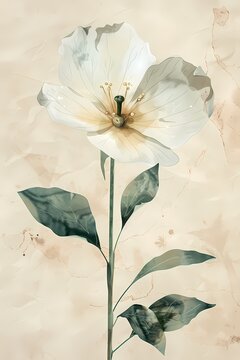 watercolor single wildflower, cream and greens colour range, detailed yet airy, strong watercolor effect, painted in very dainty neutral colours and light isolated on ivory background 