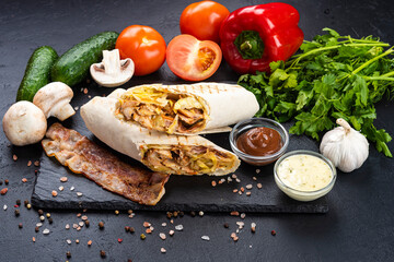 Shawarma with vegetables and meat, and becon on a black background