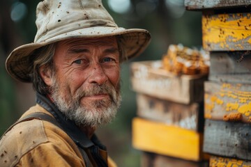 Fototapeta premium Focused view on the experiences of a beekeeper maintaining beehives in a cultivated bee farm