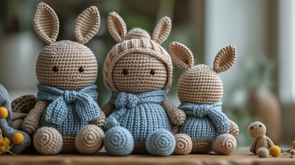 Handmade Amigurumi Bunny Dolls with Blue Scarves on Wooden Background