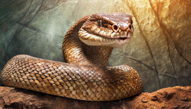 Close-up of large angry snake. Zoo and animal concept.