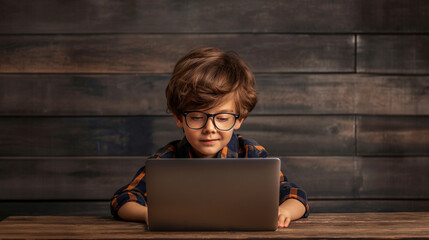 A boy with glasses sits seriously at the table, writes on a laptop, absorbed in his studies. This inspirational image is suitable for projects related to education, learning and development.