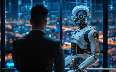 Businessman and AI: pioneering innovation in high-tech realm with androids and robots