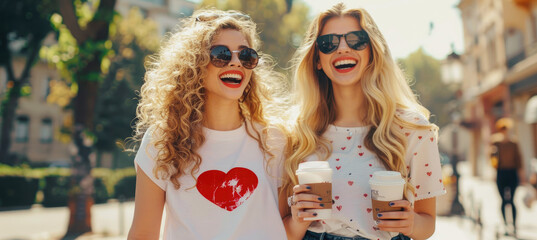Two stylish women, one with long curly hair and the other blonde wearing sunglasses, walking down an urban street holding coffee to go cups while smiling at each other