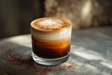 Exquisite layered cappuccino with artistic foam design in a clear glass