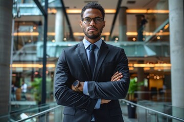 Fototapeta premium A confident-looking businessman in a sleek suit stands with folded arms in a modern building lobby, face blurred
