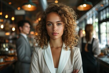 Obraz premium A professional woman in a white blazer is seen in focus with two blurred faces in the background in a cafe setting