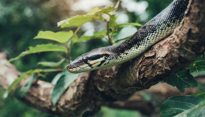 Fototapeta premium Python on tree branch. Large snake. Zoo and animal concept. Blurred natural green background