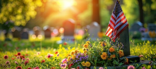 Honoring veterans on memorial day with american flags in a national cemetery, a patriotic tribute. - obrazy, fototapety, plakaty
