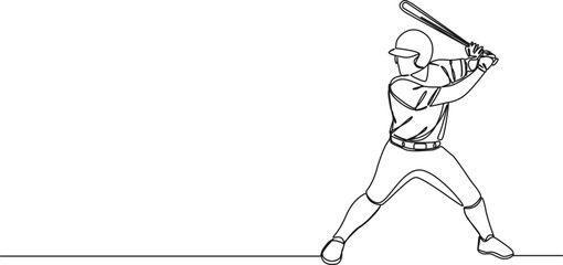 continuous single line drawing of baseball player swinging bat, line art vector illustration