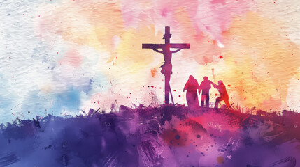 Easter crucifixion scene with silhouettes of the cross of Jesus Christ. Watercolor. Light colours. Generative AI