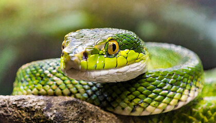 Green colored snake. Zoo and animal concept. Blurred backdrop.