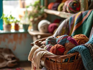 Obraz premium A warm, homely image of a wicker basket filled with balls of colorful yarn, suggesting crafts and creativity, ideal for hobby-related content and craft store marketing.
