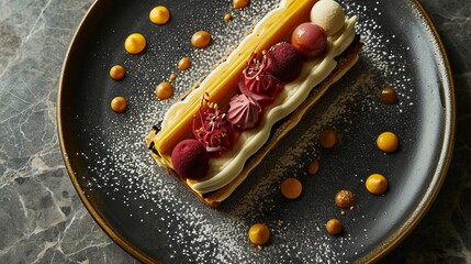 A sophisticated eclair filled with cream and adorned with red fruits, elegantly placed on a dark plate with golden sauce accents, perfect for upscale patisseries and culinary portfolios.