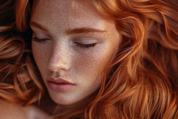 Naklejka premium Abstract close-up showing the detailed and vibrant texture of copper red hair with natural shine