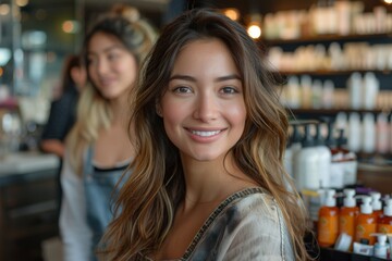 A casual scene of a woman with wavy hair sitting in a cafe, viewed from behind in a relaxed setting