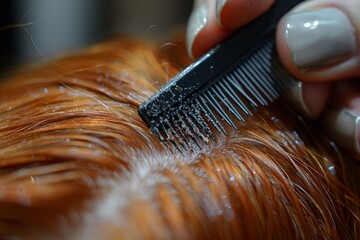 A detailed close-up captures the precision of applying hair dye to strands of hair with a comb and brush showcasing the hair coloring process - obrazy, fototapety, plakaty