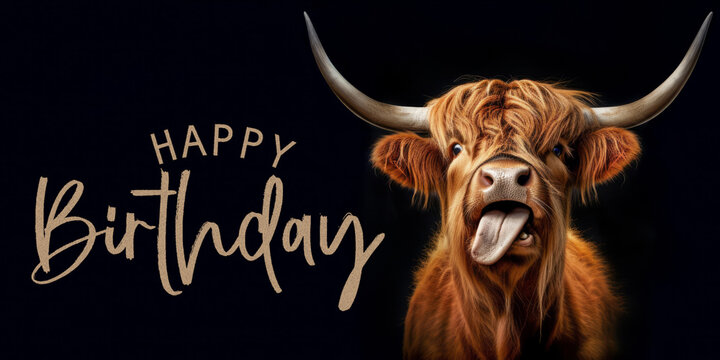 Happy birthday party, funny animal banner greeting card with text, postcard long - Scottish highland cow cattle with tongue out, isolated on black background