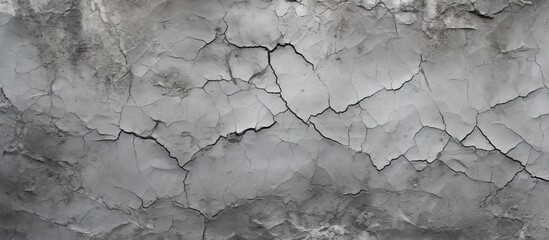 Fototapeta premium A monochrome photo of a cracked wall creates a striking pattern against the grey backdrop. The freezing landscape contrasts with the wooden twig flooring