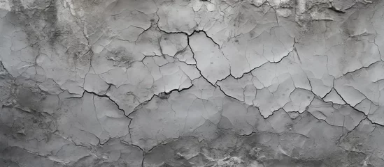 Foto op Plexiglas A monochrome photo of a cracked wall creates a striking pattern against the grey backdrop. The freezing landscape contrasts with the wooden twig flooring © 2rogan