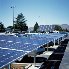 Rows of parked cars under a solar panel array in an open parking area, demonstrating integration of green energy into everyday infrastructure.