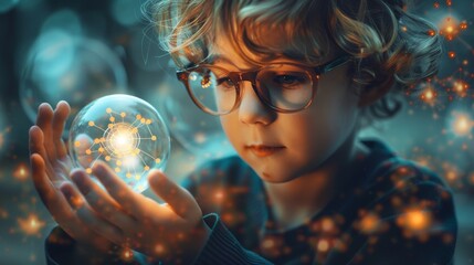 Naklejka premium Young child explores atomic models in a science concept