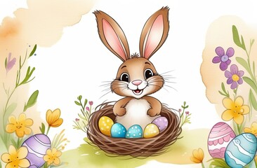 Basket with colorful easter eggs and easter bunny in a grass and flowers - Easter decoration, banner, panorama, background,postcard. Happy Easter.