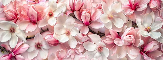 Magnolia flowers. Beautiful delicate cover with spring flowers. Realistic pink flowers on a light...