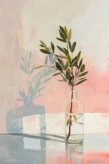 Painting  of green olive branches in a clear glass vase , with simple  white wall, Artwork for wall art illustration and home decor, digital wall art  - obrazy, fototapety, plakaty
