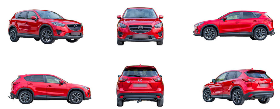Cluj-Napoca, Cluj-Romania-03.21.2024-Mazda CX-5 SUV PNG Bundle Set - Red Metallic, Isolated, Empty Parking Lot, Multiple Angles, Transparent Background	
