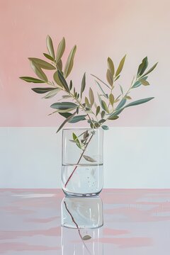 Painting  of green olive branches in a clear glass vase , with simple  white wall, Artwork for wall art illustration and home decor, digital wall art 