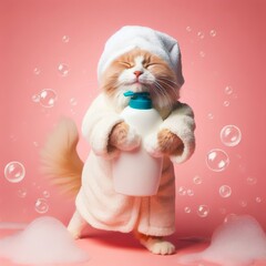 Red cat in a home white fluffy robe with a towel on his head after a shower smiles, jumps with a bottle of shampoo, animal care, pet shampoo mockup