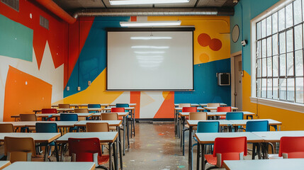 A classroom with a projector screen and a whiteboard, captured in the gritty, documentary style of street photography, evoking the atmosphere of urban life