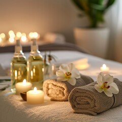 A tranquil spa setting with fluffy towels, lit candles, and orchids creating a peaceful ambiance for relaxation and well-being.