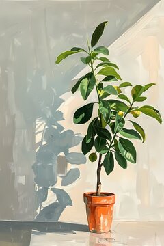 Painting  of Citrus tree in  clay pot , green foliage with white wall, Artwork for wall art illustration and home decor, digital art