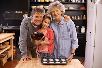 Portrait, grandparents and girl in a kitchen, baking and ingredients for hobby and bonding together. Face, old man or senior woman with grandkid or child development with recipe, fun or weekend break