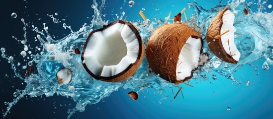 Three coconuts are creating splashes in the liquid on a blue natural landscape background. The...