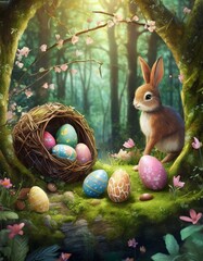 A scene of Easter eggs hidden in an enchanted forest