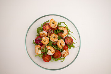Shrimp salad, seafood and Italian salad, healthy diet option, leafy green vegetables.