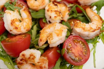 Shrimp salad, prawns and arugula blend, vegan-friendly salad, fresh Mediterranean cuisine.