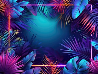 A of lively and captivating images showcasing tropical neon frames, each adorned with luorescent tropic leaves.The vibrant neon colors bring a dynamic to the natural tropical elements. AI.