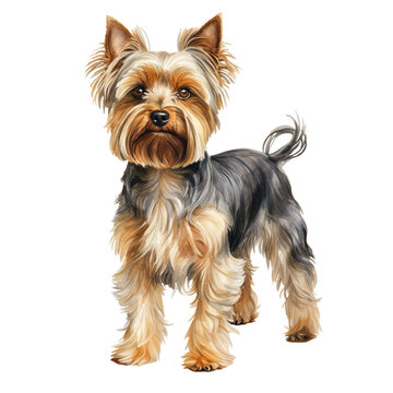 recommend clip art: A standing Yorkshire Terrier dog watercolor clipart illustration on transparent background