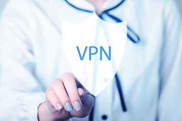 VPN, hand turns on VPN app, virtual tunnel, internet security
