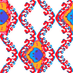 Rhombus Ikat Vector Pattern. Ogee Geometric Print. Wet Vintage Tie Dye Ornament. Abstract Ethnic Kilim. Vibrant Carpet Rug Chevron Motif. Watercolor Batik Seamless Design. Neon Blue and Red on White - 763997760