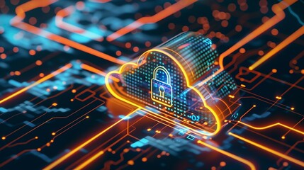 Abstract illustration of cloud security services, stylized cloud icon integrated with a secure padlock symbol, representing data protection and cybersecurity in cloud computing environments. - obrazy, fototapety, plakaty