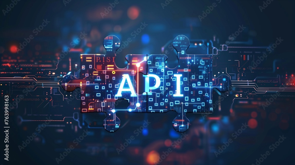 Poster digital representation of api integration concept with two interlocking puzzle pieces against a futu