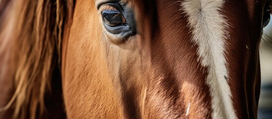 A closeup of a horses snout and neck, showcasing its long eyelashes and powerful working animal features. The fawncolored livestock contrasts beautifully against the natural wood backdrop - Powered by Adobe