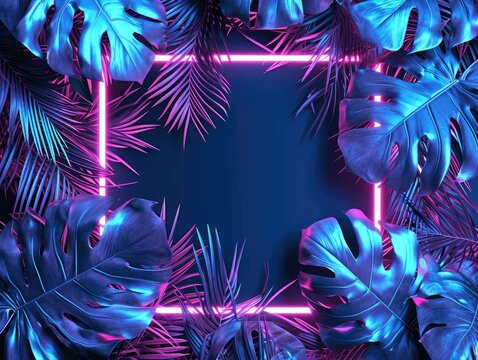 A of lively and captivating images showcasing tropical neon frames, each adorned with luorescent tropic leaves.The vibrant neon colors bring a dynamic to the natural tropical elements. AI.