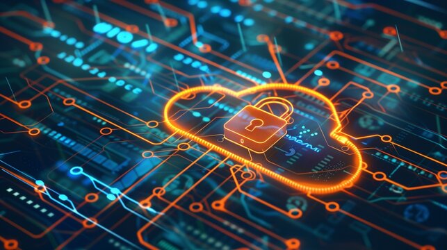 Abstract illustration of cloud security services, stylized cloud icon integrated with a secure padlock symbol, representing data protection and cybersecurity in cloud computing environments.