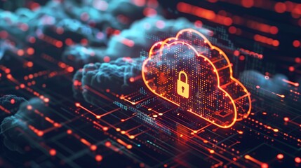 Abstract illustration of cloud security services, stylized cloud icon integrated with a secure padlock symbol, representing data protection and cybersecurity in cloud computing environments. - obrazy, fototapety, plakaty
